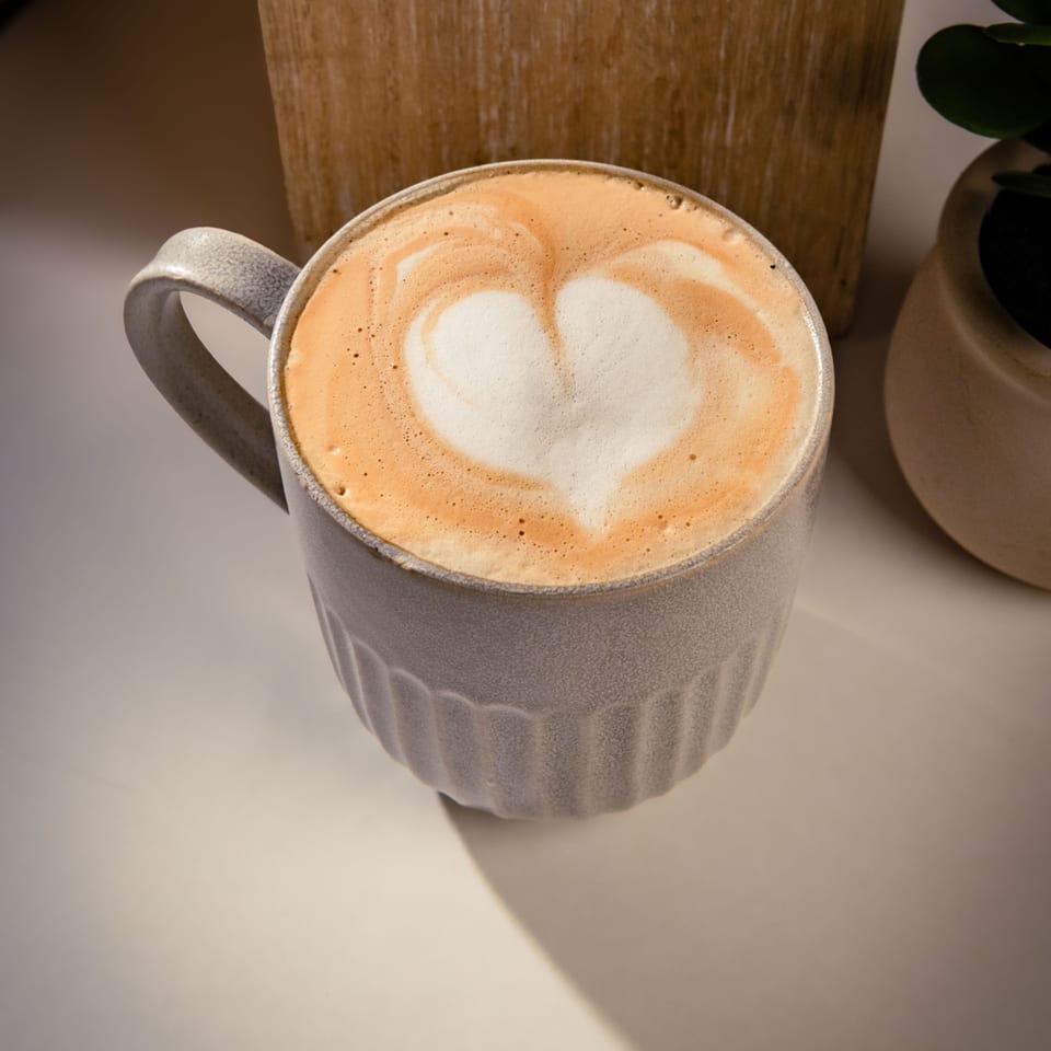 A light gray mug filled with a latte, featuring a heart design in the foam.